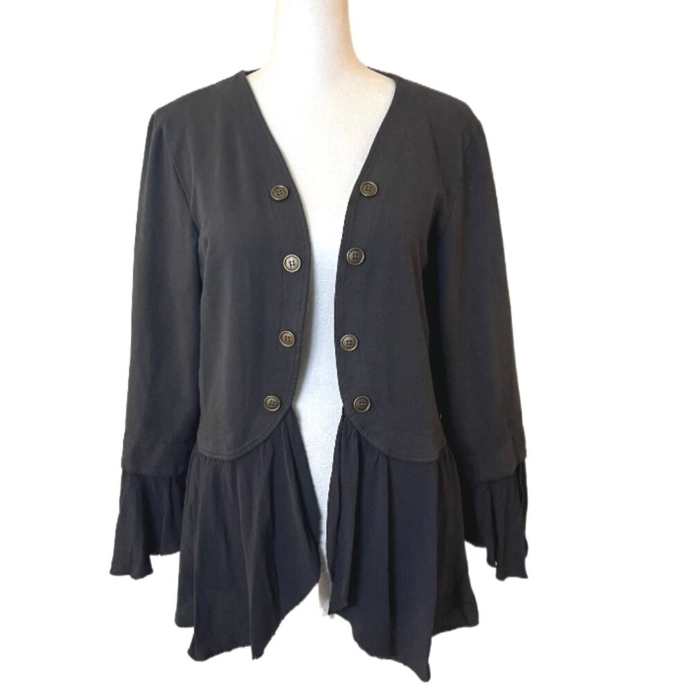 Cobblestone Charcoal Military Style Peblum Blazer, Ruffled Sleeves & Hem Size Sm
